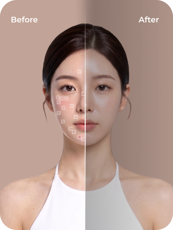 One face split down the middle - the left half marked with analysis points before care, the right half after