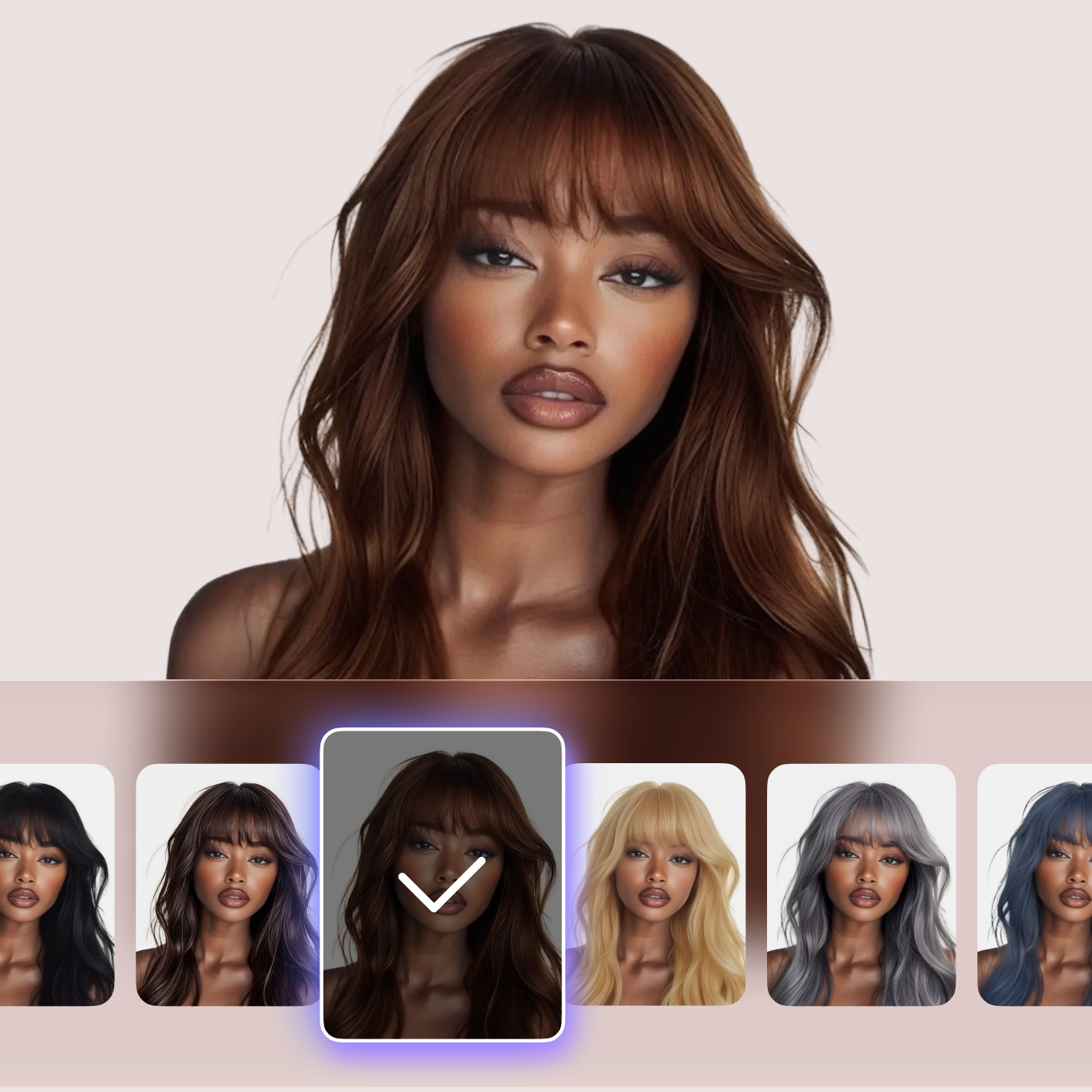Hair color simulation with shade options below