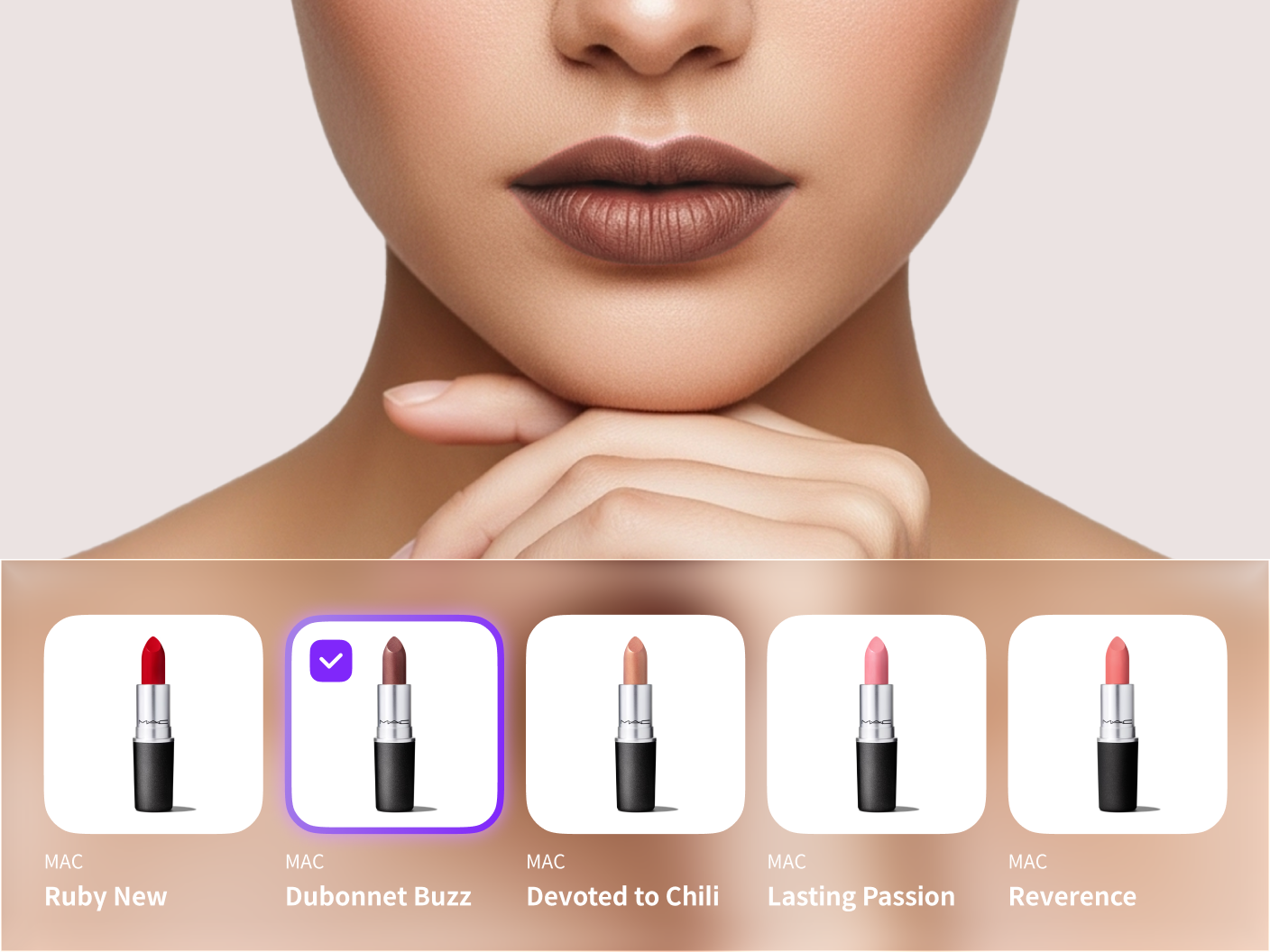 Lip makeup simulation with lipstick shade options below