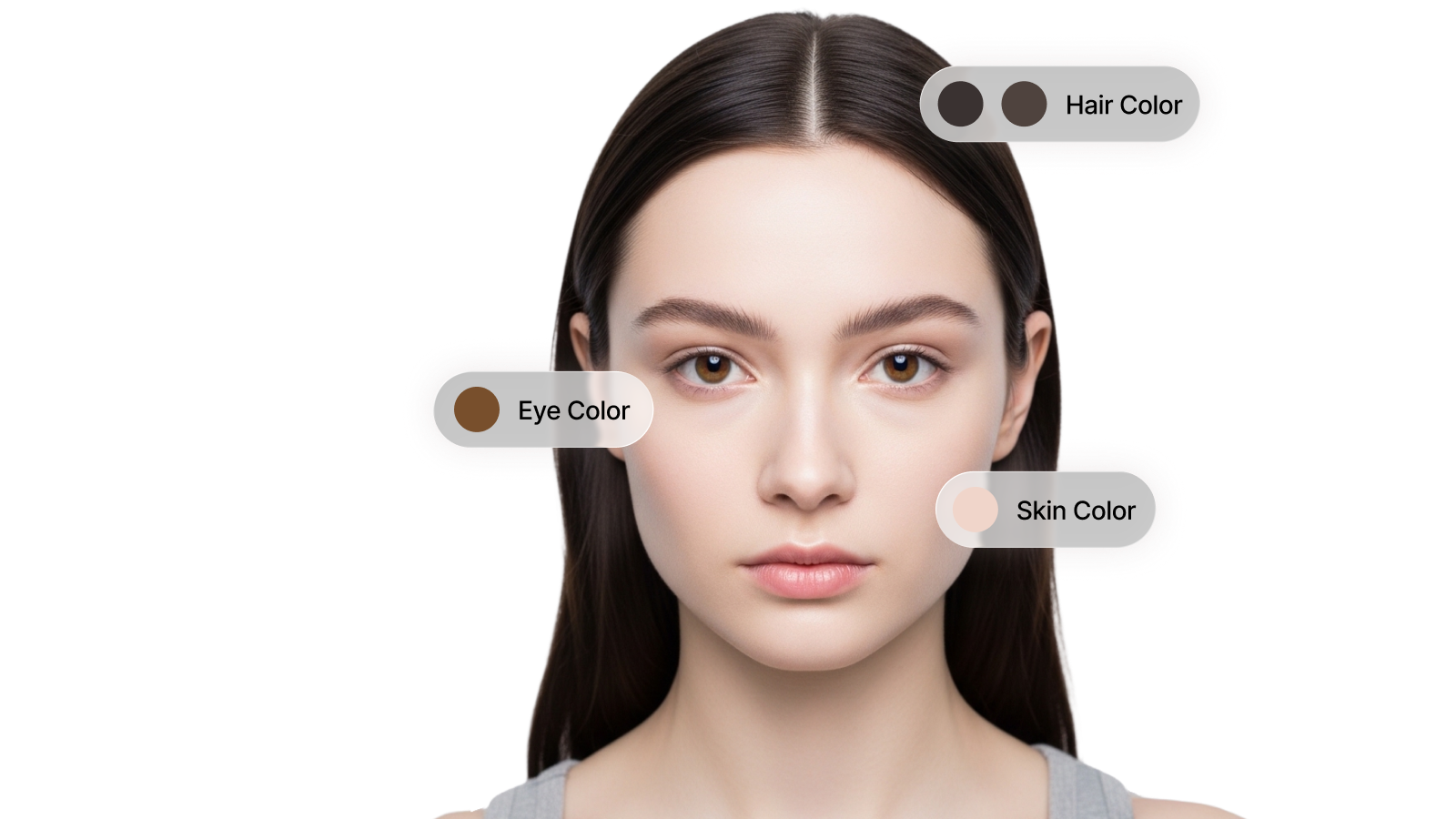 Model's face labeled with hair, eye, and skin color points